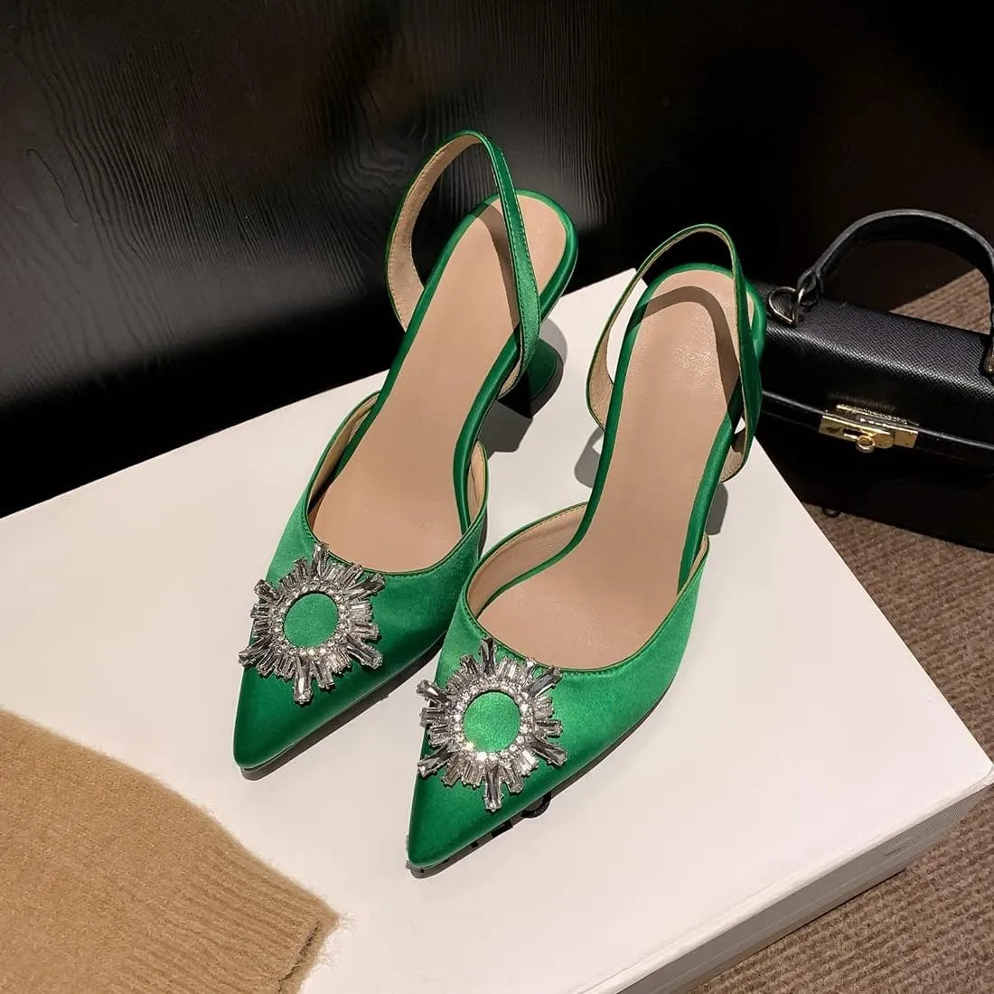 VOKLIN Women's Fashion Rhinestone Slingback Dress Pumps Pointed Toe Kitten Heels Wedding Party Sandals Shoes