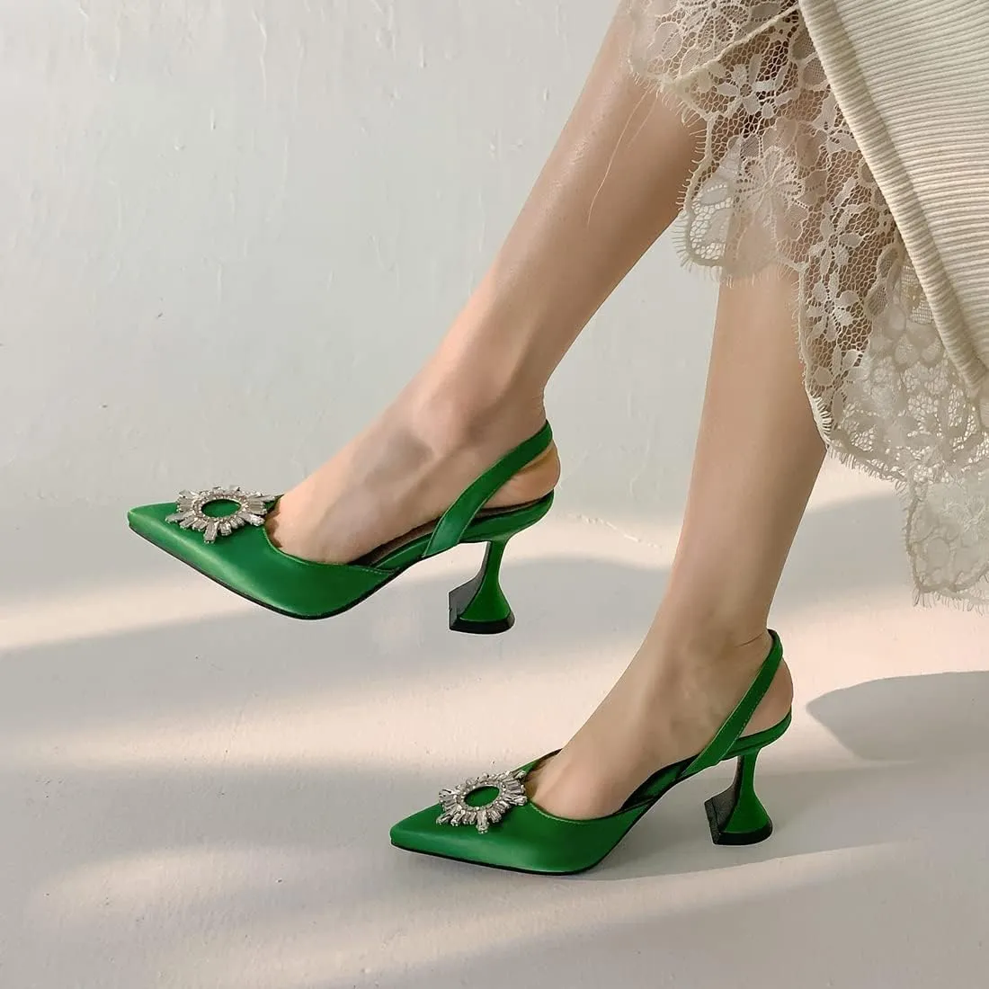 VOKLIN Women's Fashion Rhinestone Slingback Dress Pumps Pointed Toe Kitten Heels Wedding Party Sandals Shoes