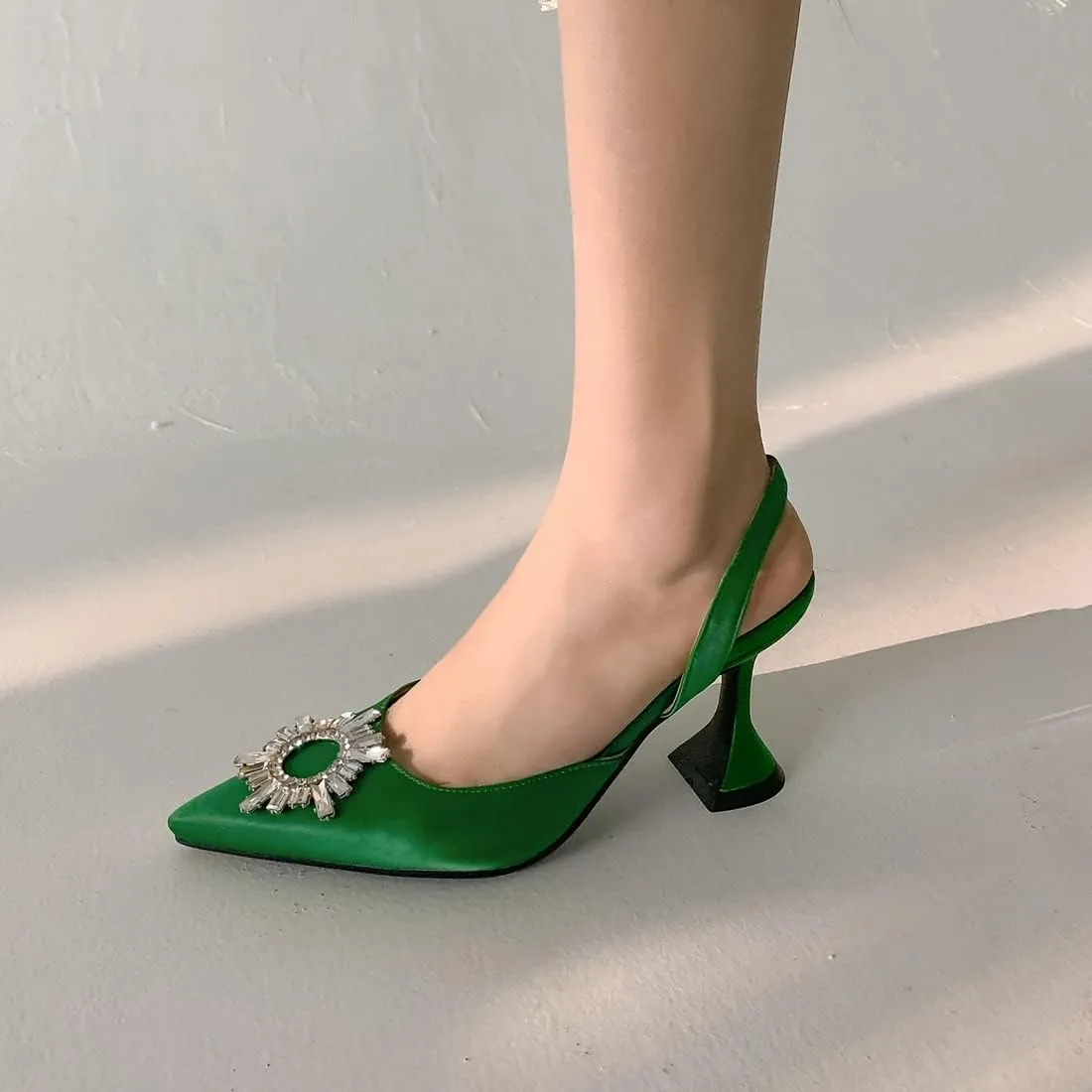 VOKLIN Women's Fashion Rhinestone Slingback Dress Pumps Pointed Toe Kitten Heels Wedding Party Sandals Shoes