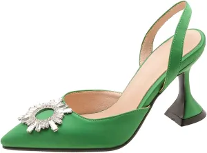 VOKLIN Women's Fashion Rhinestone Slingback Dress Pumps Pointed Toe Kitten Heels Wedding Party Sandals Shoes
