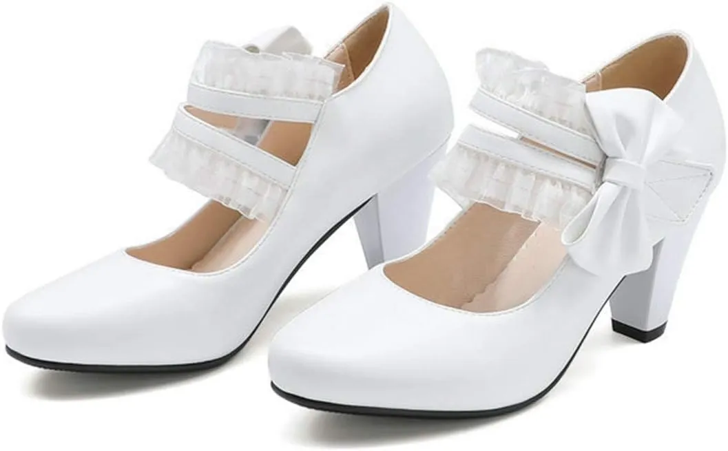 VOKLIN Women's Girls Round Toe Ankle Strap Mary Jane Pumps Sweet Bow Lace Block High Heels Oxford Dress Shoes