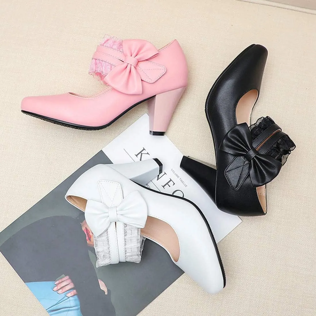 VOKLIN Women's Girls Round Toe Ankle Strap Mary Jane Pumps Sweet Bow Lace Block High Heels Oxford Dress Shoes