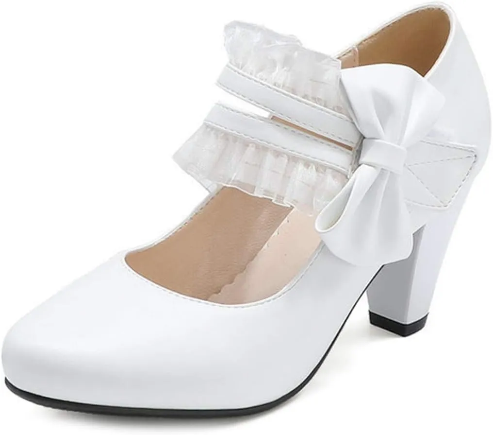 VOKLIN Women's Girls Round Toe Ankle Strap Mary Jane Pumps Sweet Bow Lace Block High Heels Oxford Dress Shoes