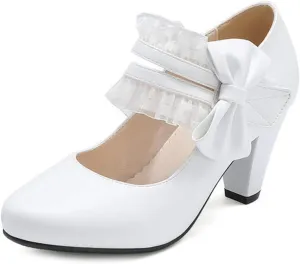 VOKLIN Women's Girls Round Toe Ankle Strap Mary Jane Pumps Sweet Bow Lace Block High Heels Oxford Dress Shoes