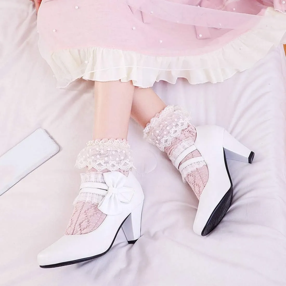 VOKLIN Women's Girls Round Toe Ankle Strap Mary Jane Pumps Sweet Bow Lace Block High Heels Oxford Dress Shoes
