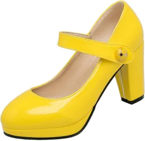 VOKLIN Women's Round Toe Platform Mary Jane Pumps Patent Leather Chunky Block High Heel Oxford Dress Shoes