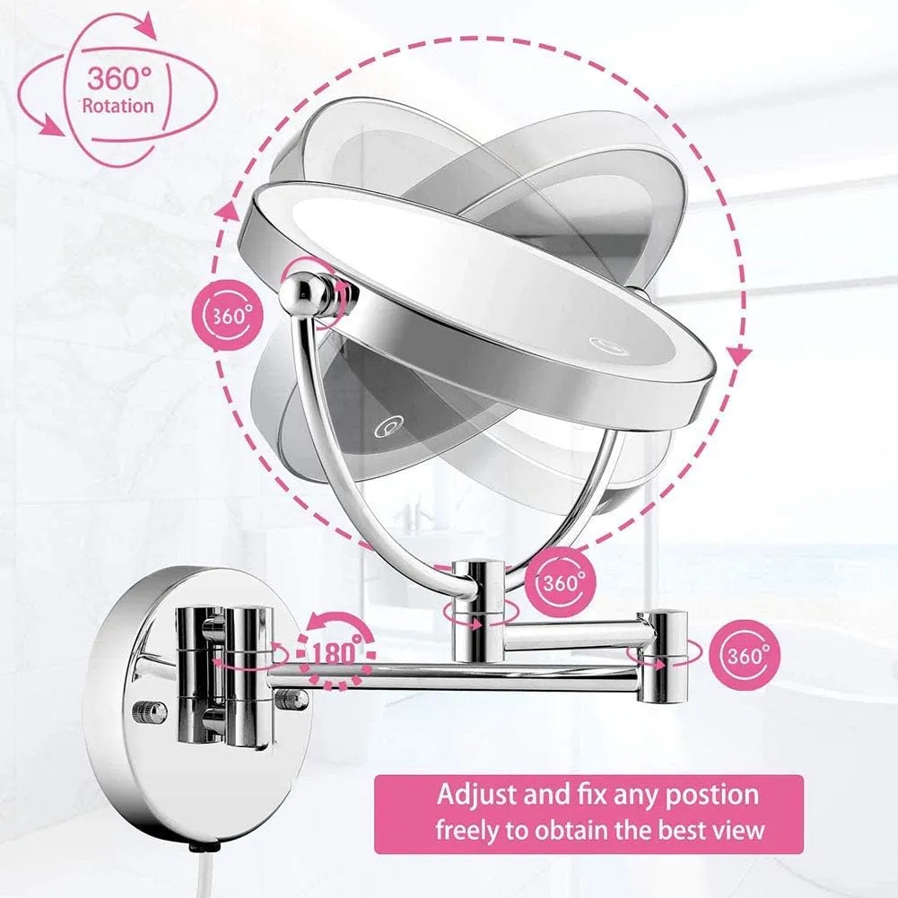 Wall Mounted Makeup Mirror, Two-Sided Swivel Wall Mount Mirror with LED Lights, Two-Sided Extendable, 360 Degree Swivel, Extendable Arm, for Bathroom(Bright Silver,7X)