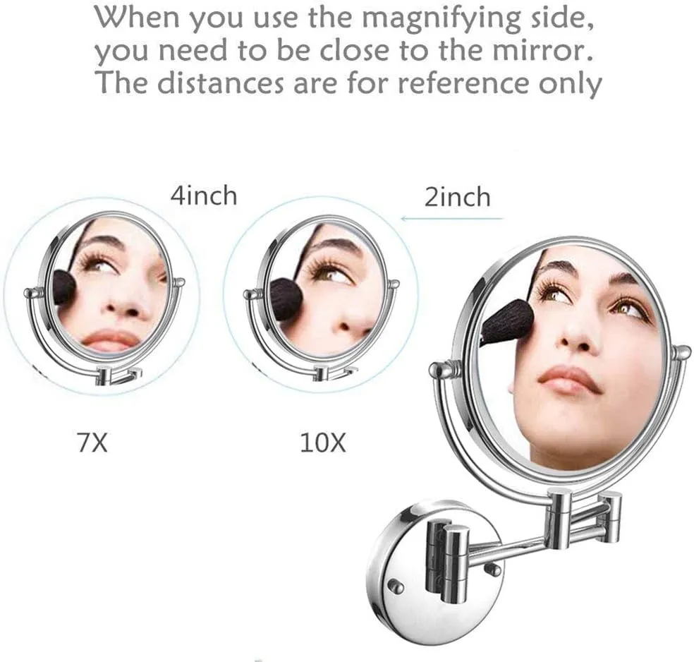 Wall Mounted Makeup Mirror, Two-Sided Swivel Wall Mount Mirror with LED Lights, Two-Sided Extendable, 360 Degree Swivel, Extendable Arm, for Bathroom(Bright Silver,7X)