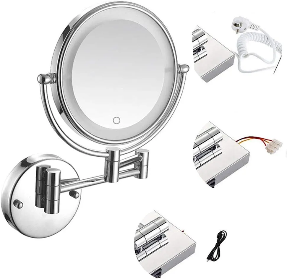 Wall Mounted Makeup Mirror, Two-Sided Swivel Wall Mount Mirror with LED Lights, Two-Sided Extendable, 360 Degree Swivel, Extendable Arm, for Bathroom(Bright Silver,7X)