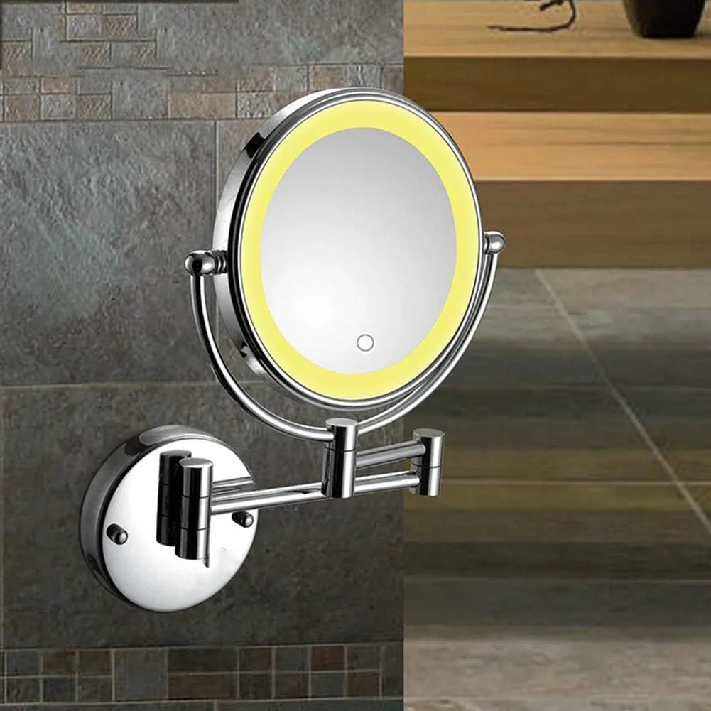 Wall Mounted Makeup Mirror, Two-Sided Swivel Wall Mount Mirror with LED Lights, Two-Sided Extendable, 360 Degree Swivel, Extendable Arm, for Bathroom(Bright Silver,7X)