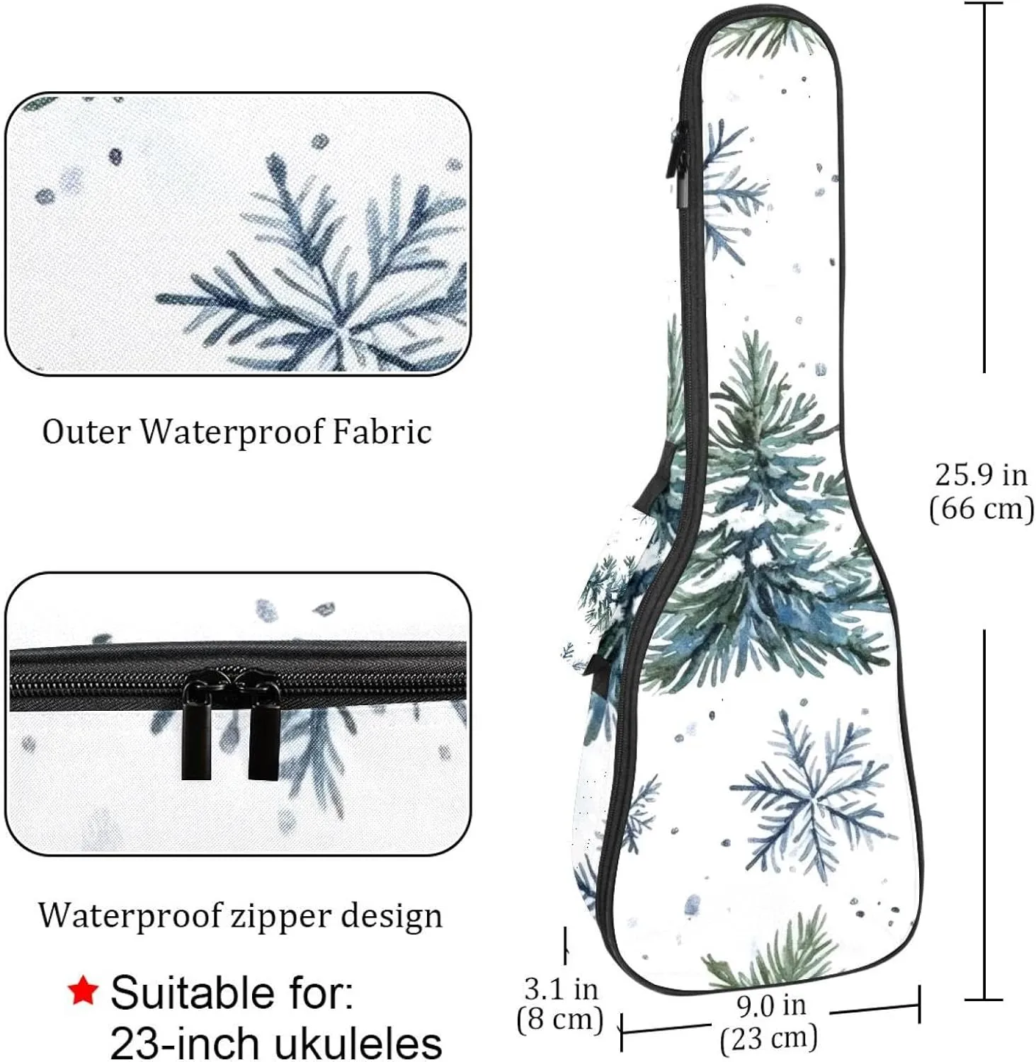 Watercolor Fir Tree and Snowflakes Concert Ukulele Case with Storage, Waterproof Gig Bag 1 cm Thick Sponge Padding