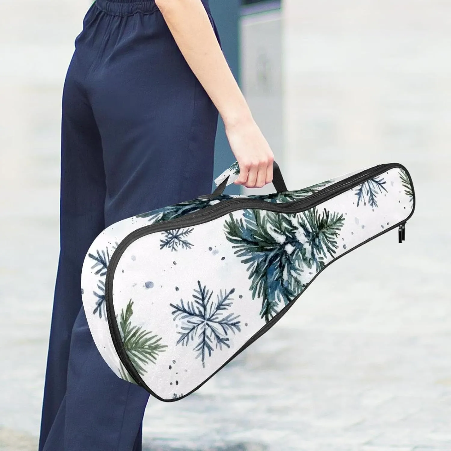 Watercolor Fir Tree and Snowflakes Concert Ukulele Case with Storage, Waterproof Gig Bag 1 cm Thick Sponge Padding