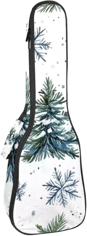 Watercolor Fir Tree and Snowflakes Concert Ukulele Case with Storage, Waterproof Gig Bag 1 cm Thick Sponge Padding