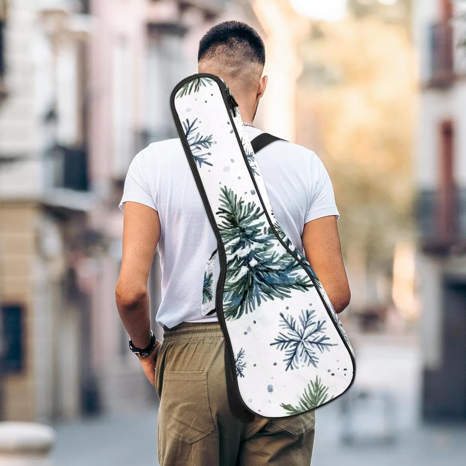 Watercolor Fir Tree and Snowflakes Concert Ukulele Case with Storage, Waterproof Gig Bag 1 cm Thick Sponge Padding