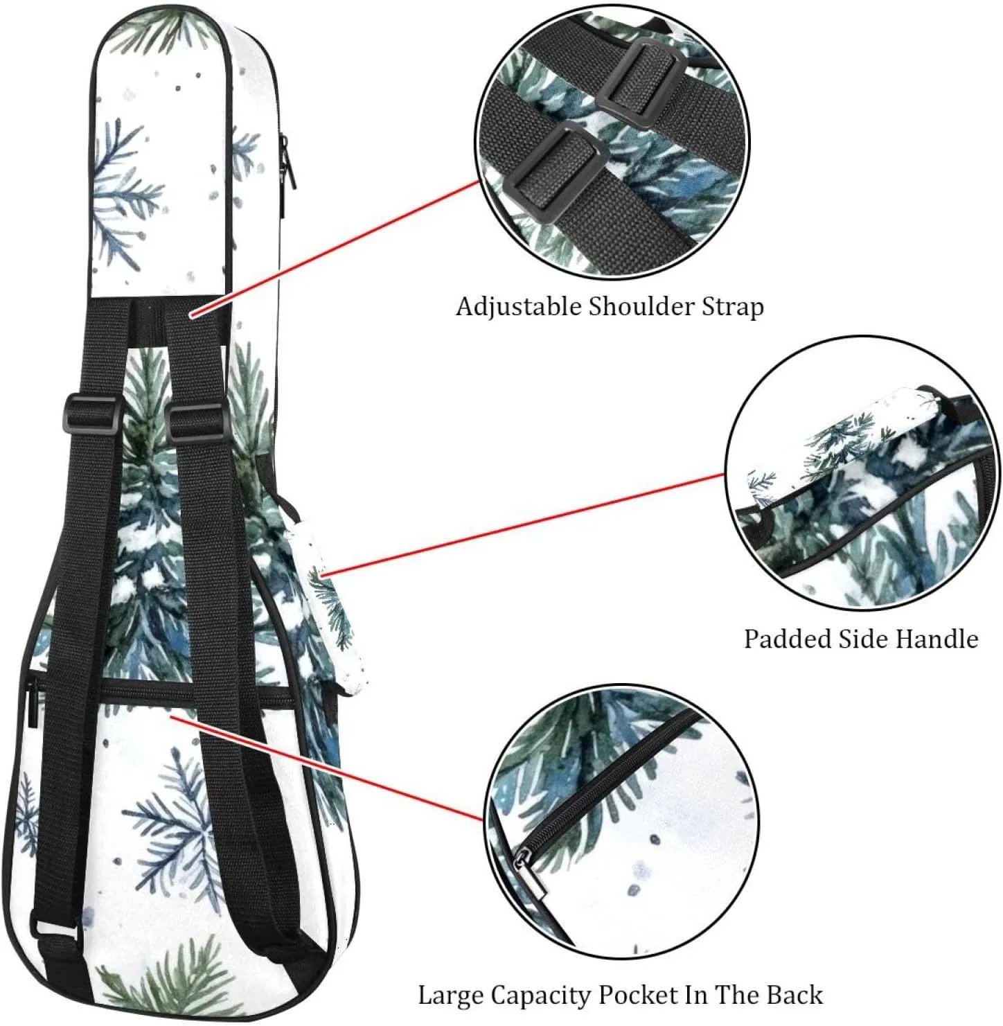 Watercolor Fir Tree and Snowflakes Concert Ukulele Case with Storage, Waterproof Gig Bag 1 cm Thick Sponge Padding