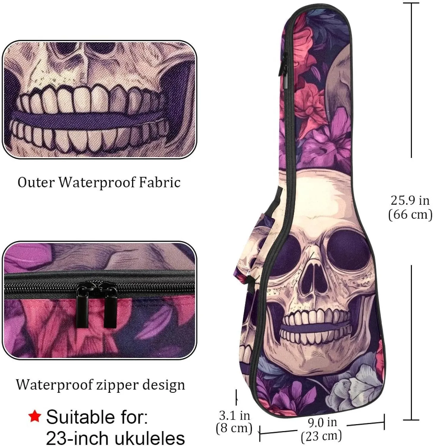 Waterproof Ukulele Gig Bag for Concert Ukuleles Padded Bag with Adjustable Straps - Sugar Skulls in Flower Wreaths