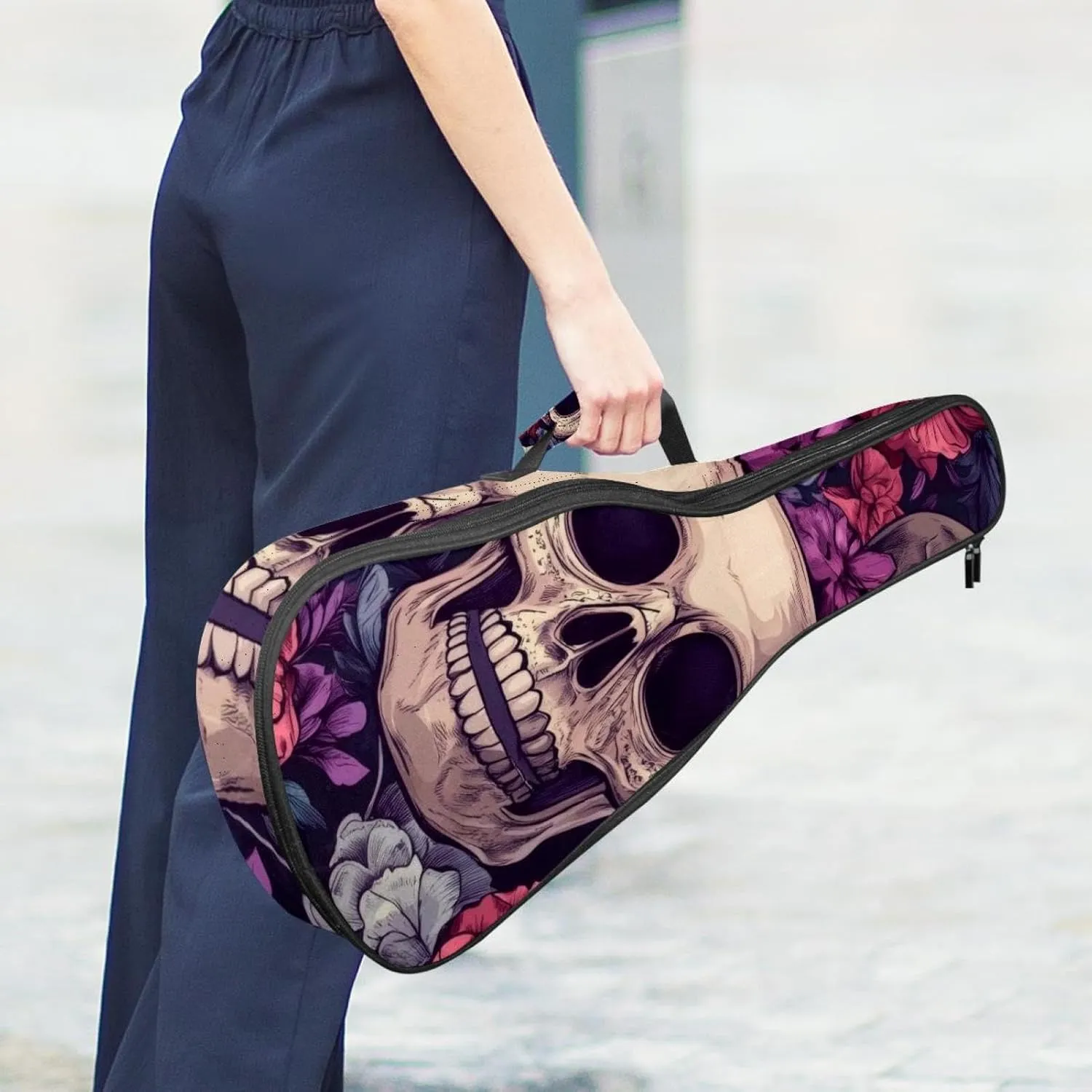 Waterproof Ukulele Gig Bag for Concert Ukuleles Padded Bag with Adjustable Straps - Sugar Skulls in Flower Wreaths