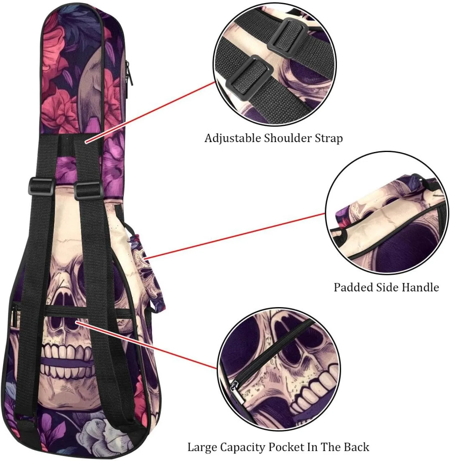 Waterproof Ukulele Gig Bag for Concert Ukuleles Padded Bag with Adjustable Straps - Sugar Skulls in Flower Wreaths