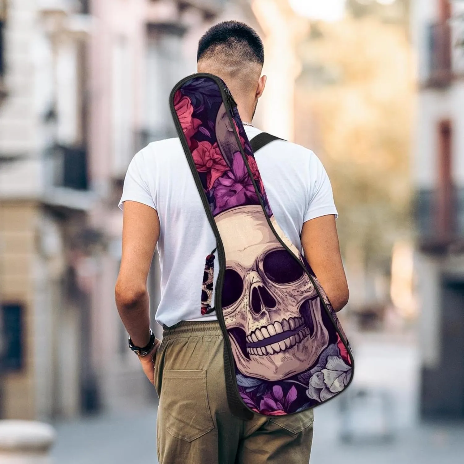 Waterproof Ukulele Gig Bag for Concert Ukuleles Padded Bag with Adjustable Straps - Sugar Skulls in Flower Wreaths