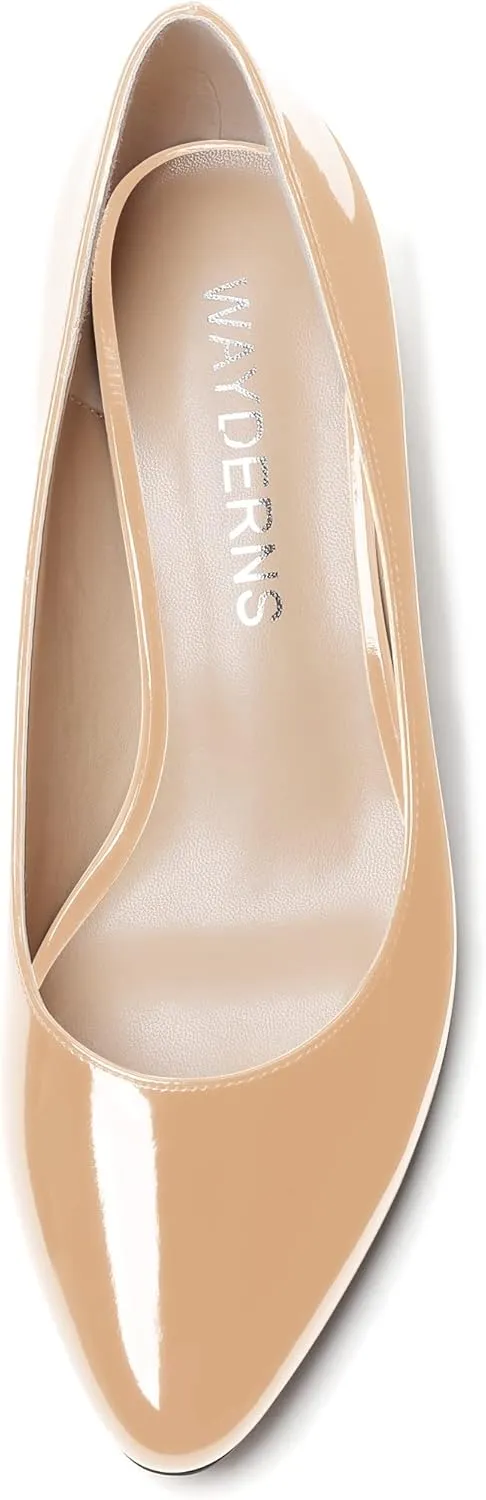 WAYDERNS Women's Slip On Block Patent Round Toe Dress Office Chunky Low Heel Pumps Shoes 2 Inch