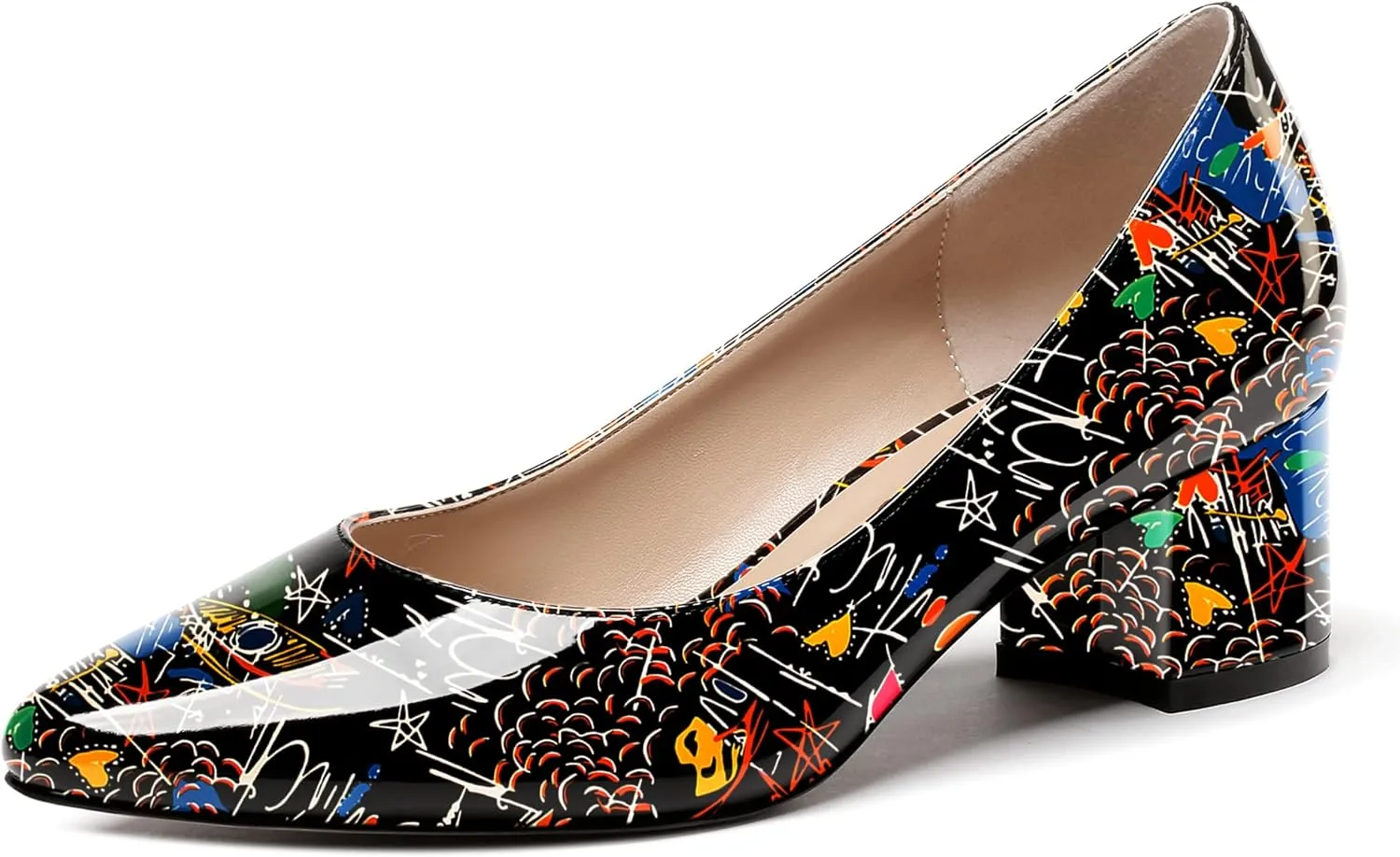 WAYDERNS Women's Slip On Block Patent Round Toe Dress Office Chunky Low Heel Pumps Shoes 2 Inch