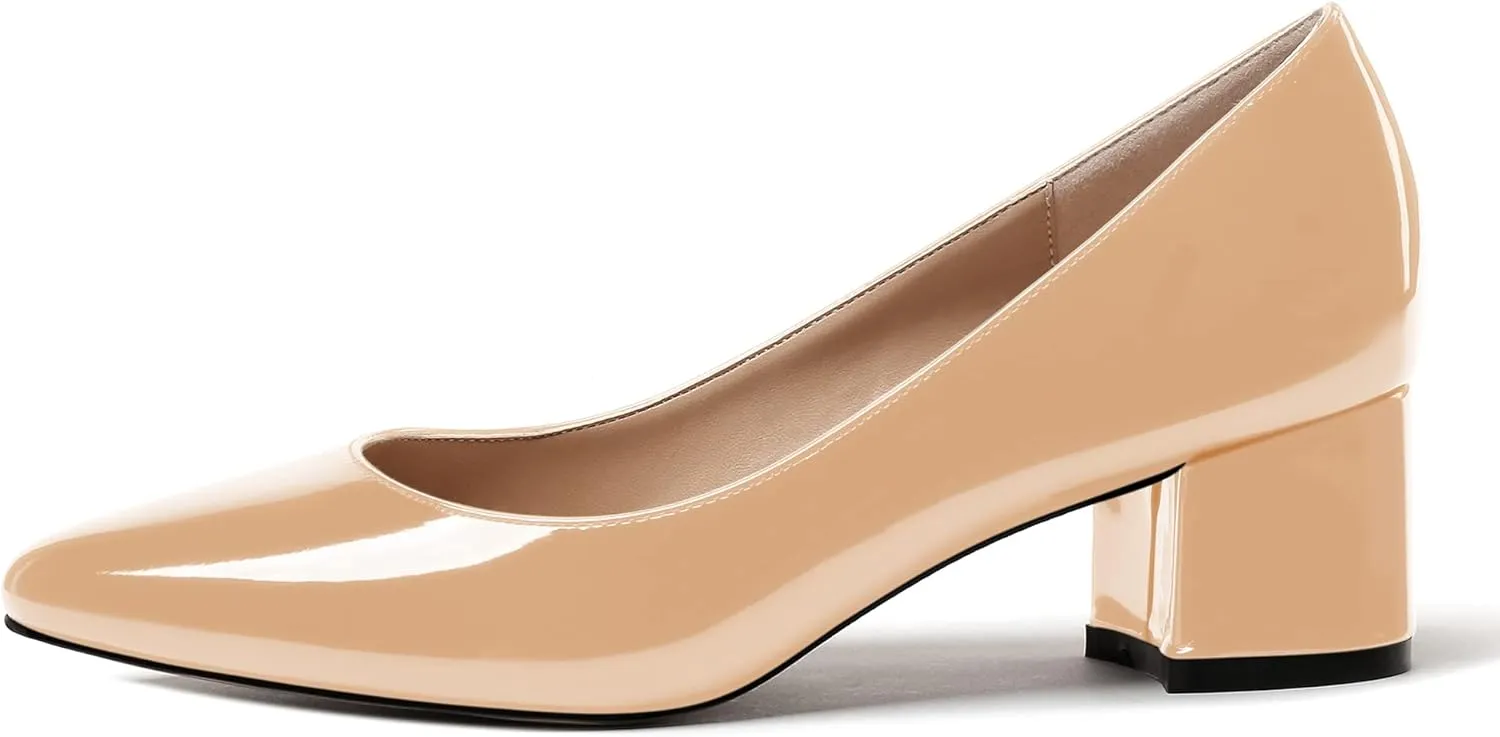 WAYDERNS Women's Slip On Block Patent Round Toe Dress Office Chunky Low Heel Pumps Shoes 2 Inch