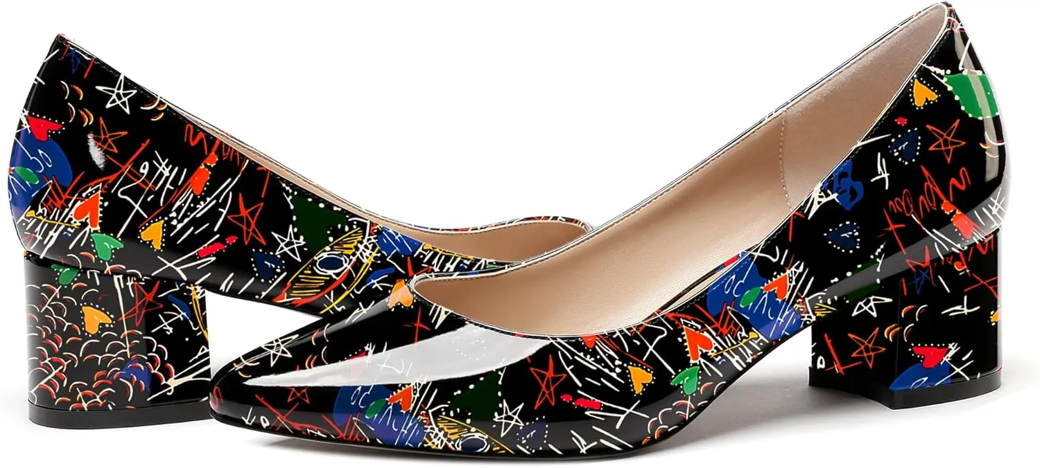 WAYDERNS Women's Slip On Block Patent Round Toe Dress Office Chunky Low Heel Pumps Shoes 2 Inch