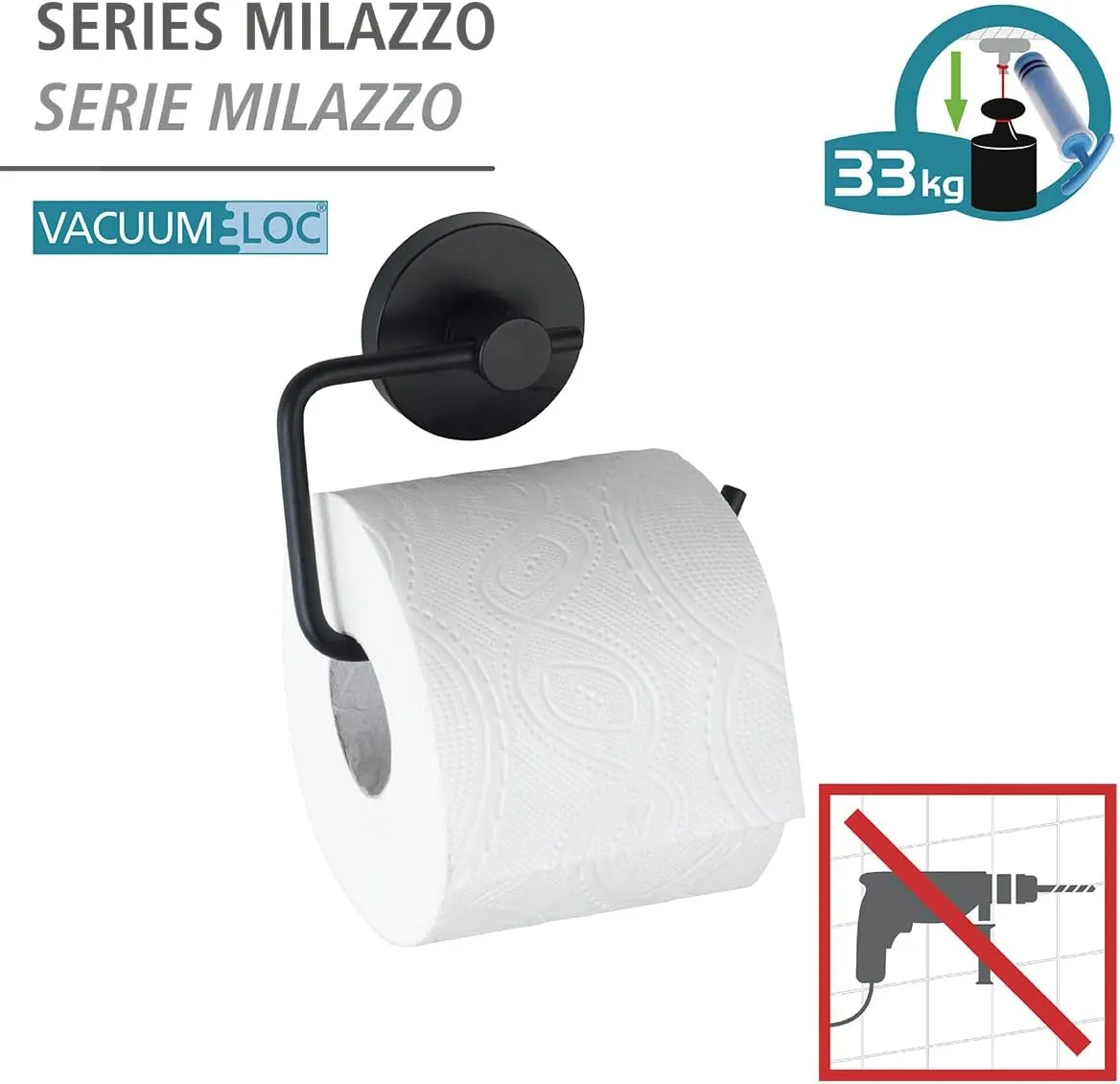 WENKO Vacuum-Loc Milazzo Black Toilet Roll Holder, No Drilling Required, Steel, 13.5 x 10.5 x 3.7 cm