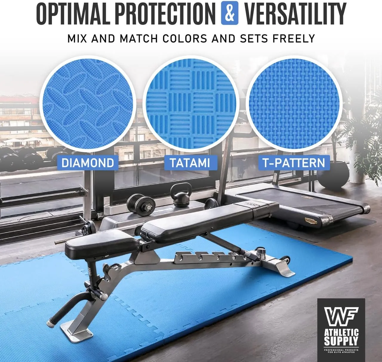 WF Athletic Supply Diamond Pattern 3/4-Inch Thickness Interlocking Exercise Foam Mats, Extra Thick Eva Foam Flooring Tiles, Gym Fitness Equipment Mat & Home Protective Flooring Cushion, Black & Blue