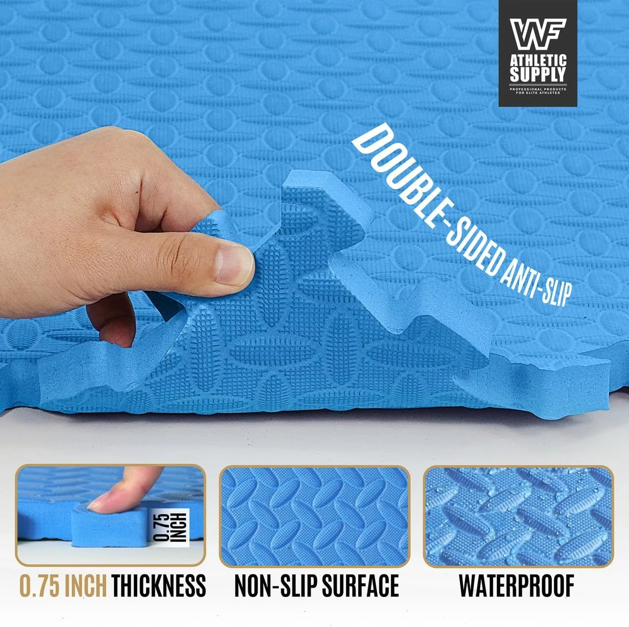 WF Athletic Supply Diamond Pattern 3/4-Inch Thickness Interlocking Exercise Foam Mats, Extra Thick Eva Foam Flooring Tiles, Gym Fitness Equipment Mat & Home Protective Flooring Cushion, Black & Blue