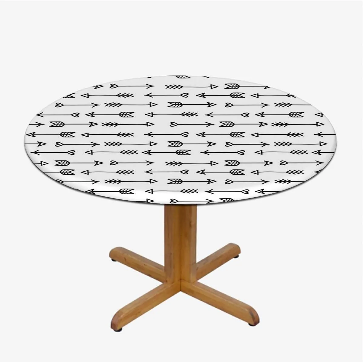 White Charcoal Round Fitted Tablecloth with Elastic Edge Monochrome Bohema Ornaments Table Cloth ​ Round Dining Table Covers for Kitchen Picnic Party Fit for 48"-51" Diameter Table Arrows
