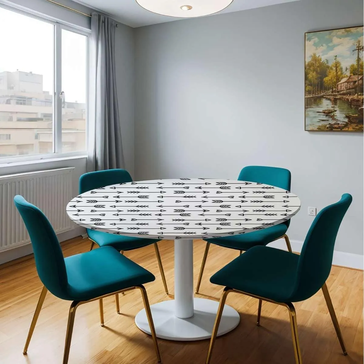 White Charcoal Round Fitted Tablecloth with Elastic Edge Monochrome Bohema Ornaments Table Cloth ​ Round Dining Table Covers for Kitchen Picnic Party Fit for 48"-51" Diameter Table Arrows