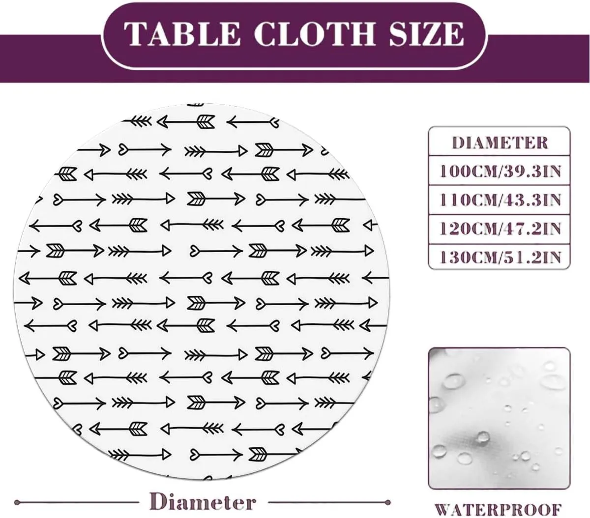 White Charcoal Round Fitted Tablecloth with Elastic Edge Monochrome Bohema Ornaments Table Cloth ​ Round Dining Table Covers for Kitchen Picnic Party Fit for 48"-51" Diameter Table Arrows