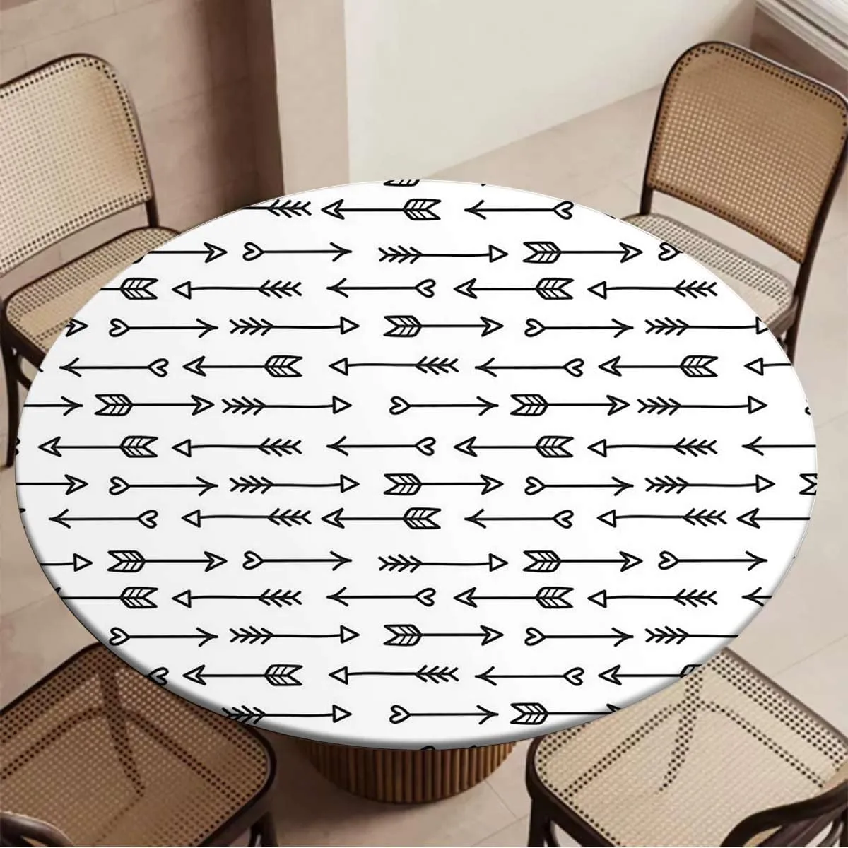 White Charcoal Round Fitted Tablecloth with Elastic Edge Monochrome Bohema Ornaments Table Cloth ​ Round Dining Table Covers for Kitchen Picnic Party Fit for 48"-51" Diameter Table Arrows