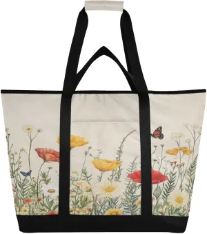 Wildflowers Butterfly Reusable Insulated Lunchbox Cooler Bag, Leakproof Kitchen Grocery Bag Collapsible Portable Cooler Tote Bag for Picnic, Camping, Office, Travel