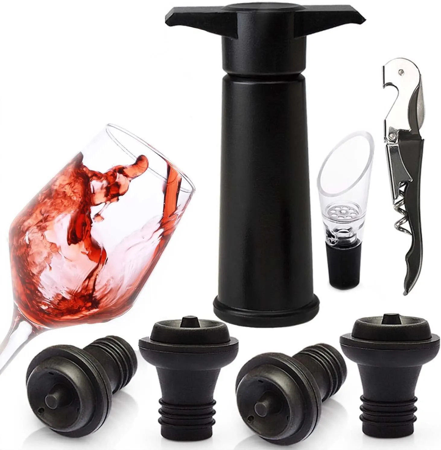 Wine Saver - 7 in 1 Wine Stopper Kit Set Opener and Pourer - Includes Wine Vacuum Stoppers, Wine Pump, Pour, and Cork Opener - Wine Lover Gift for Adult, Men, Women, Celebration, Anniversary, Birthday