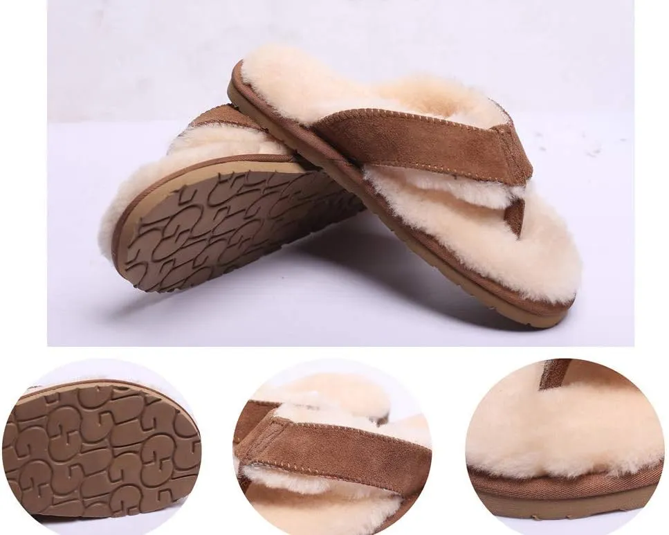 Winter Real Sheep Fur Genuine Sheep Leather One Fur Flip Flops Warm Slides with Fur Lined Women Men Unisex Suede Thong