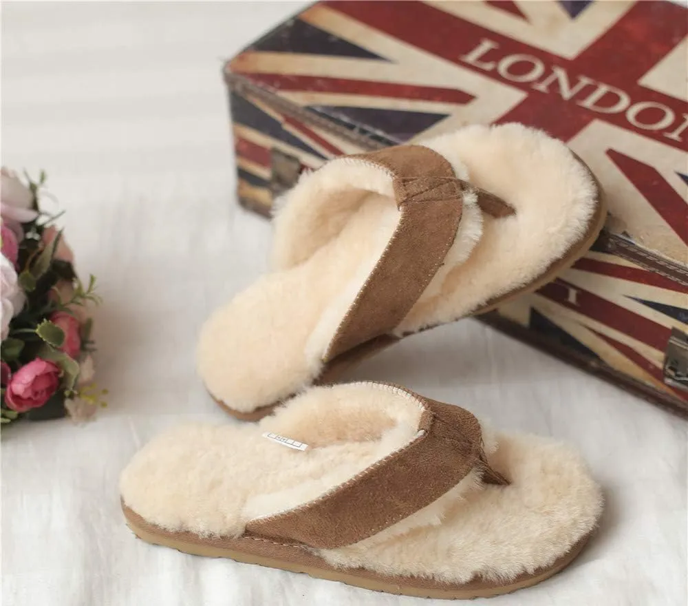 Winter Real Sheep Fur Genuine Sheep Leather One Fur Flip Flops Warm Slides with Fur Lined Women Men Unisex Suede Thong