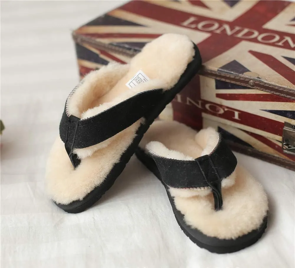 Winter Real Sheep Fur Genuine Sheep Leather One Fur Flip Flops Warm Slides with Fur Lined Women Men Unisex Suede Thong