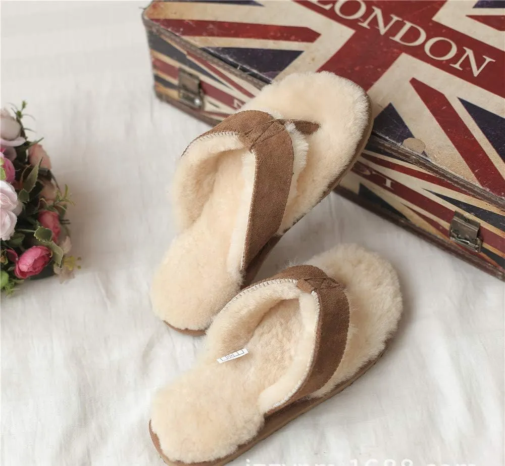 Winter Real Sheep Fur Genuine Sheep Leather One Fur Flip Flops Warm Slides with Fur Lined Women Men Unisex Suede Thong