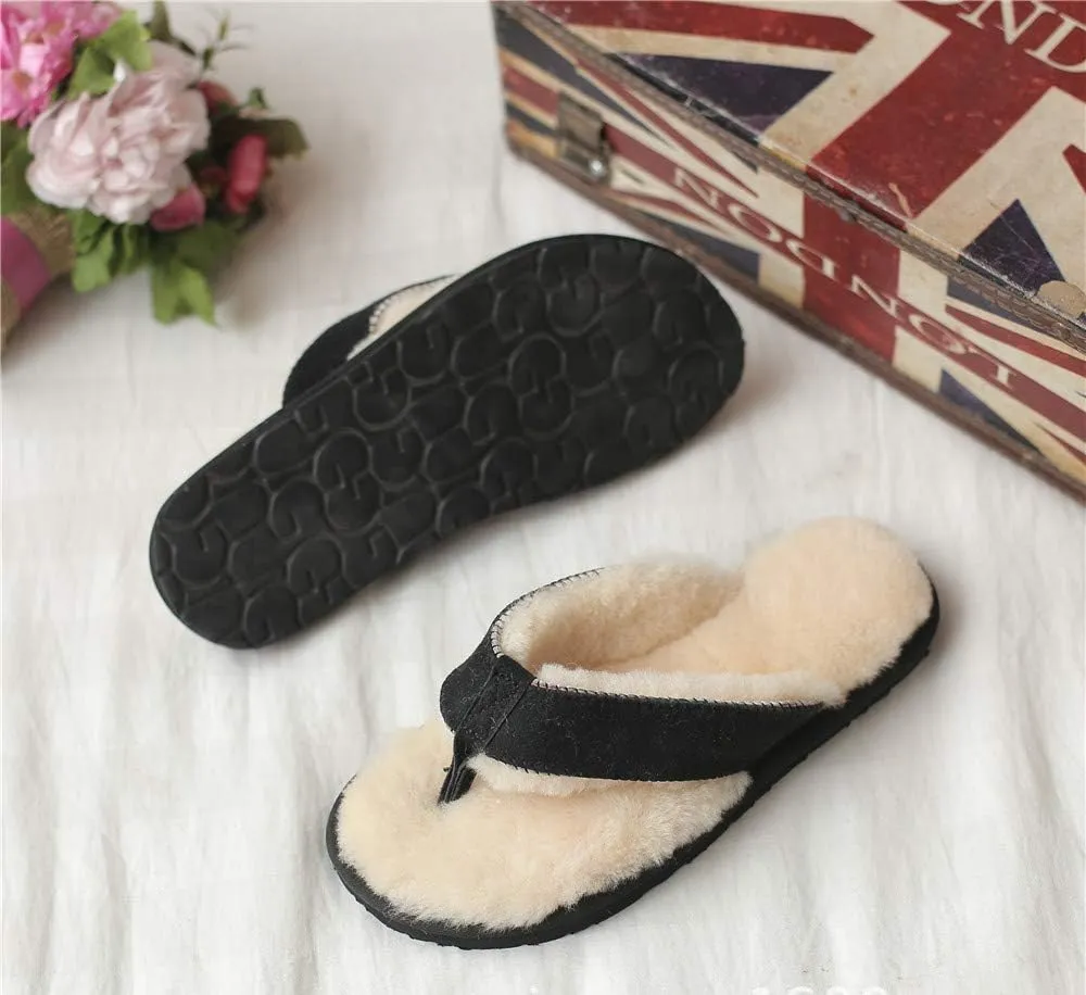 Winter Real Sheep Fur Genuine Sheep Leather One Fur Flip Flops Warm Slides with Fur Lined Women Men Unisex Suede Thong