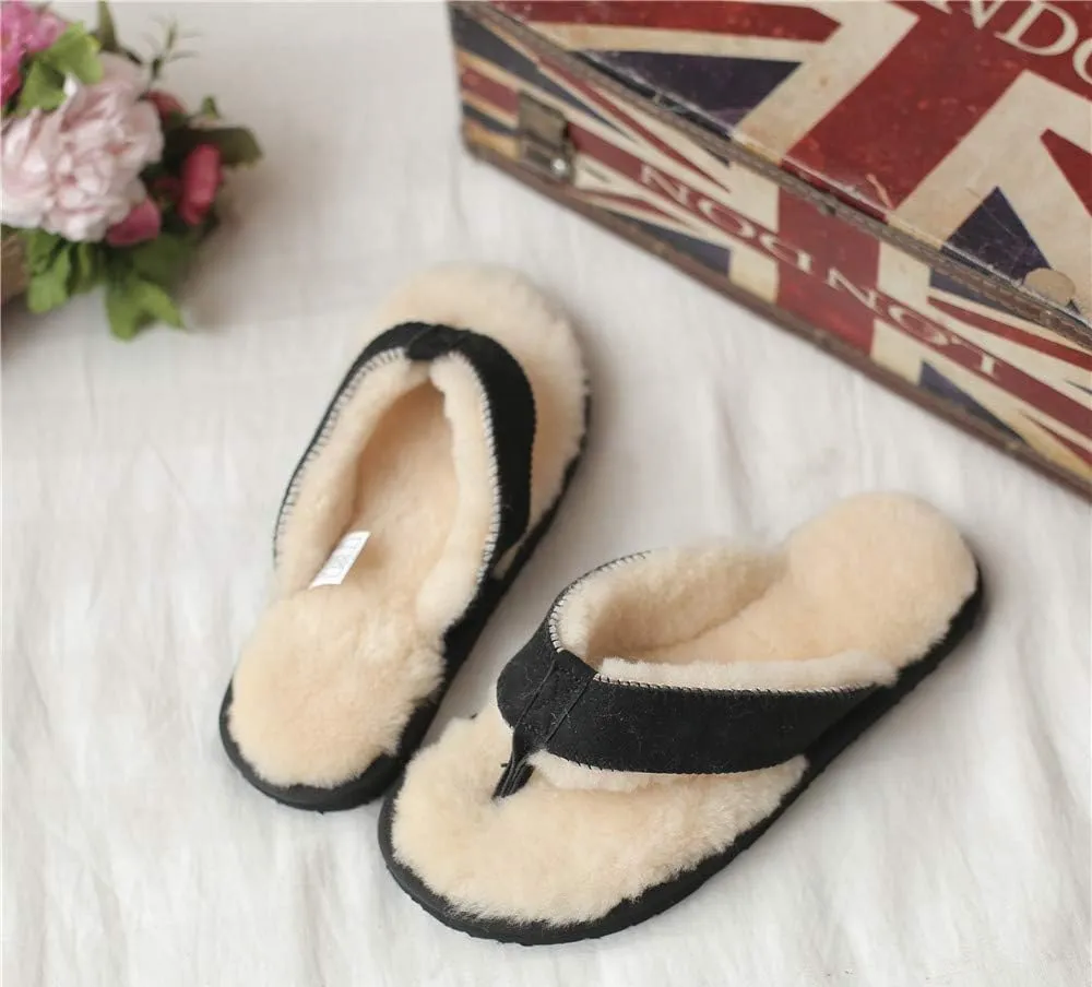 Winter Real Sheep Fur Genuine Sheep Leather One Fur Flip Flops Warm Slides with Fur Lined Women Men Unisex Suede Thong