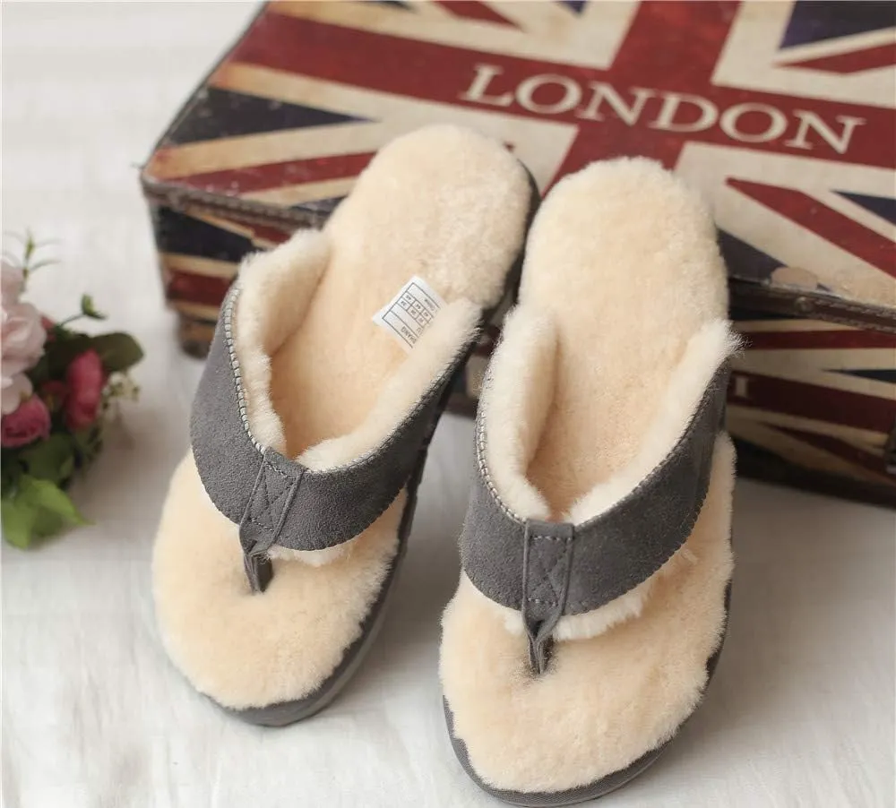 Winter Real Sheep Fur Genuine Sheep Leather One Fur Flip Flops Warm Slides with Fur Lined Women Men Unisex Suede Thong