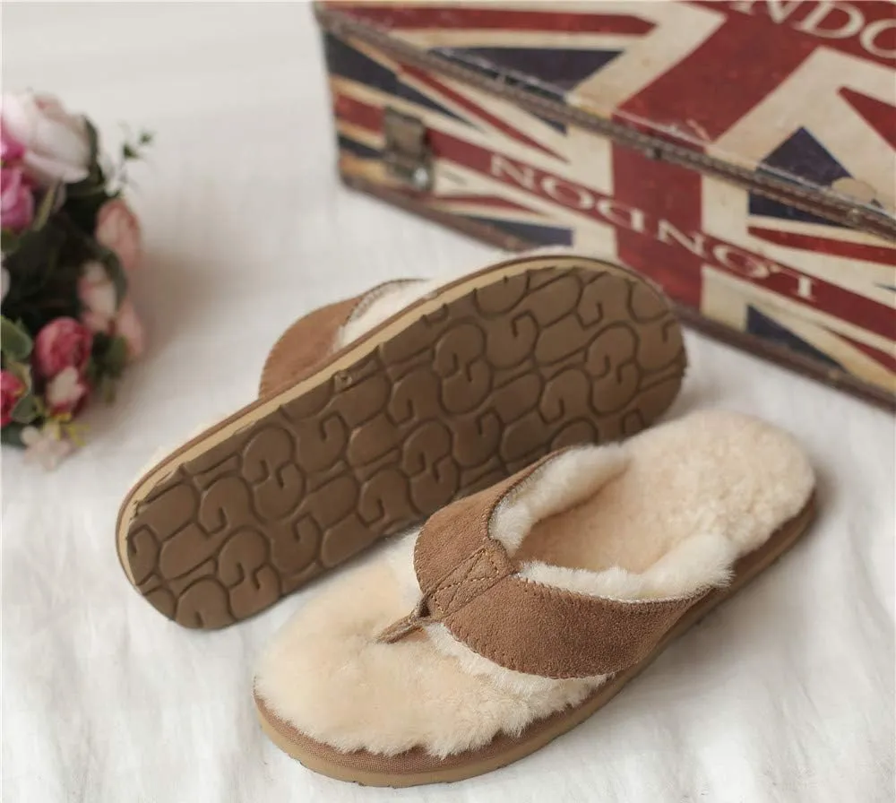 Winter Real Sheep Fur Genuine Sheep Leather One Fur Flip Flops Warm Slides with Fur Lined Women Men Unisex Suede Thong