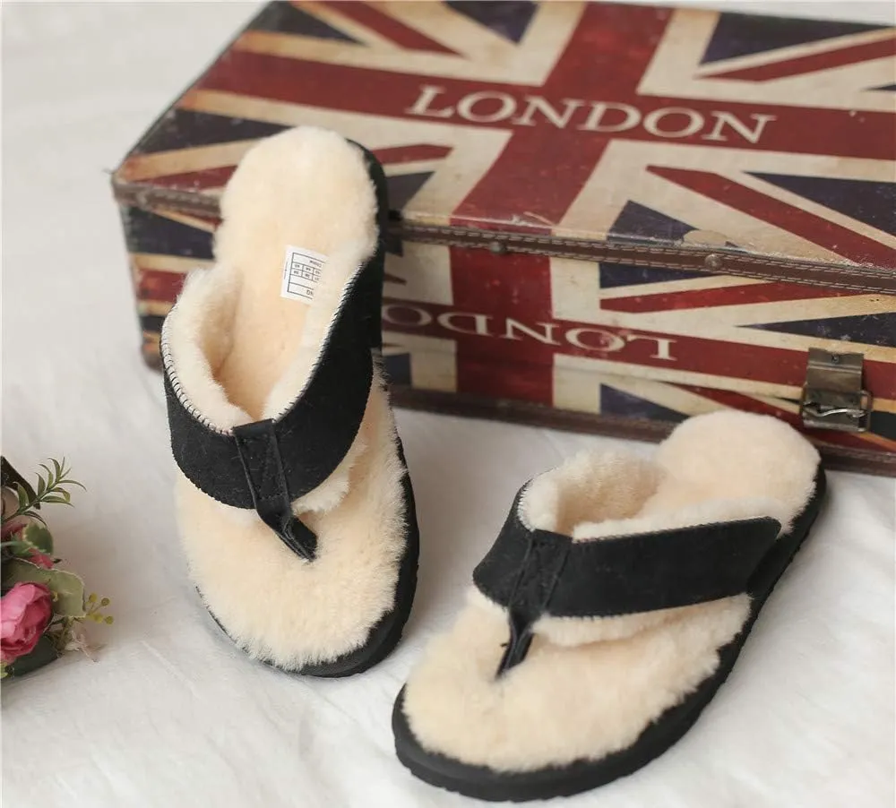 Winter Real Sheep Fur Genuine Sheep Leather One Fur Flip Flops Warm Slides with Fur Lined Women Men Unisex Suede Thong