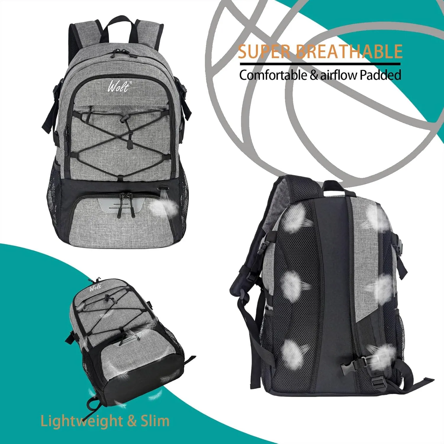 WOLT Basketball Backpack Large Sports Bag with Separate Ball Holder & Shoes Compartment, Best for Basketball, Soccer,Gym