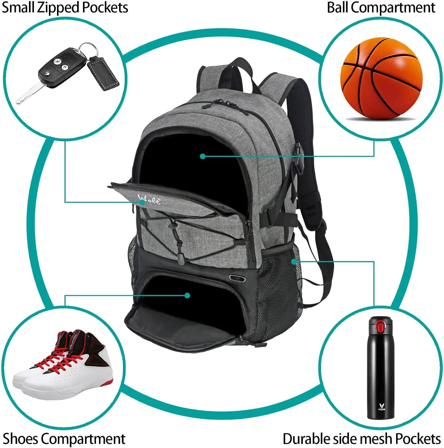 WOLT Basketball Backpack Large Sports Bag with Separate Ball Holder & Shoes Compartment, Best for Basketball, Soccer,Gym
