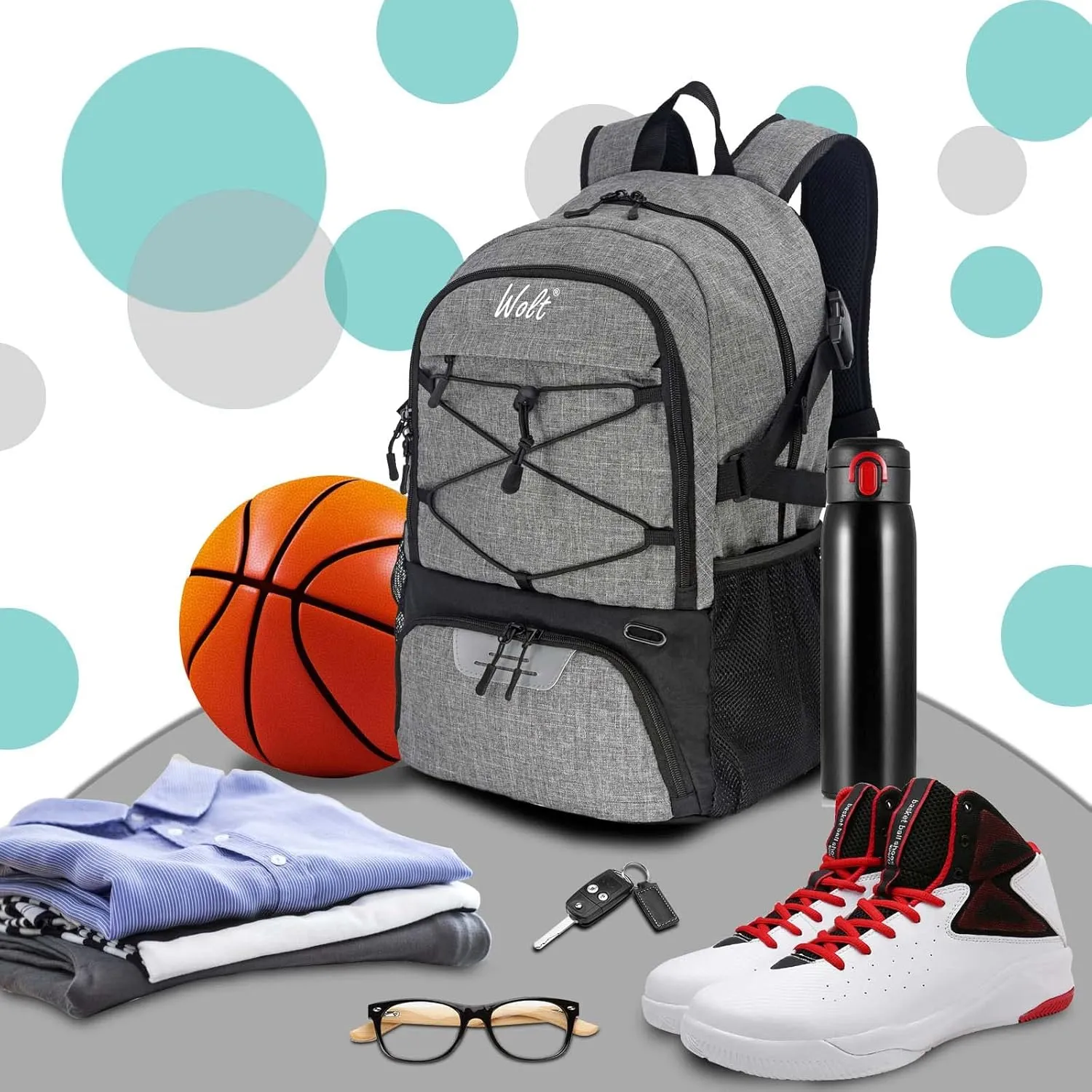 WOLT Basketball Backpack Large Sports Bag with Separate Ball Holder & Shoes Compartment, Best for Basketball, Soccer,Gym