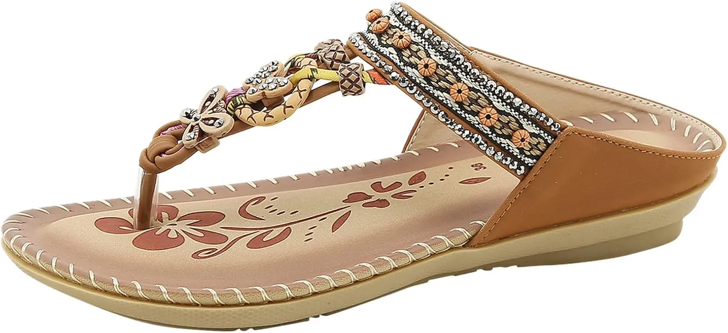 Women Bohemia Sandal Clip Toe T-Strap Flip Flops Slingback Beach Braided Slip On Slides Flowers Casual Shoes