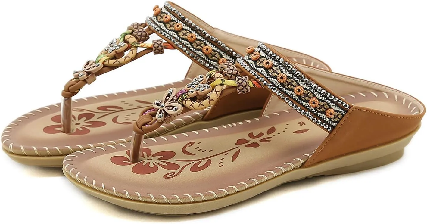 Women Bohemia Sandal Clip Toe T-Strap Flip Flops Slingback Beach Braided Slip On Slides Flowers Casual Shoes